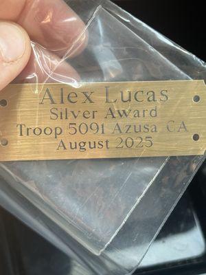 Brass plaque for a Girl Scout Silver Award.