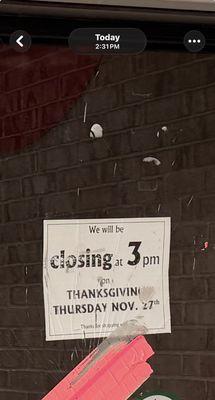 Picture clearly taken at 2:31 PM of a sign that clearly says the store closes at 3 PM.