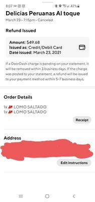 Canceled order receipt. You can see the time I placed the order.