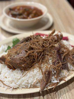 Qouzi Lamb Shank with Rice and Stew. So good.