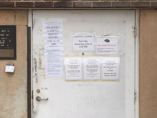 The sign inviting drop-offs until 2:00 pm