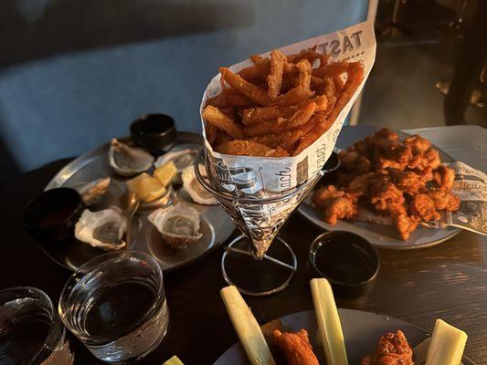 Sweet Potato Fries, Oysters, and Popcorn Chicken