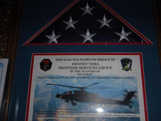 United States honor flag flown for Dennet Vera, Proud owner of Frontier Services Group.