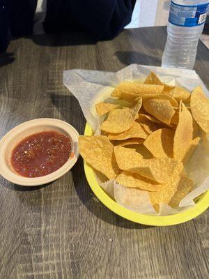 Homemade tortilla chips and salsa. Also had a nice salsa verde.