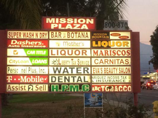 Mission Plaza entrance sign on Mountain Avenue in Ontario.