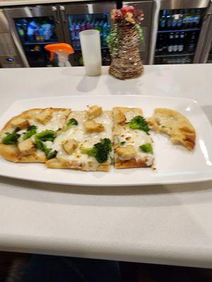 Broccoli chicken Alfredo flat bread
