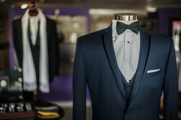William Wilson custom navy blue tuxedo trimmed in black satin.