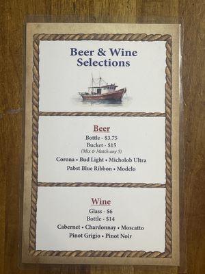 Beer and wine menu