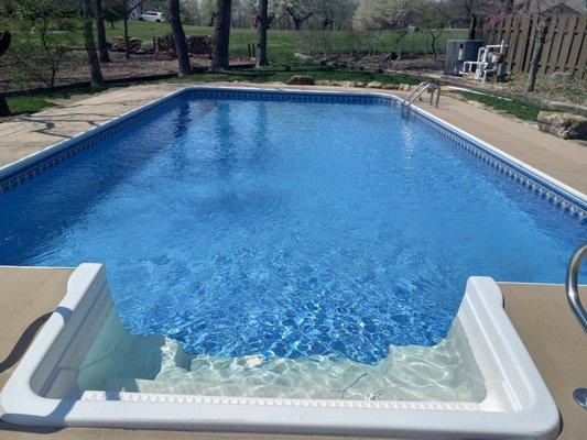 The new liner after we cut out and replaced the one that had the chlorine and sun damage.