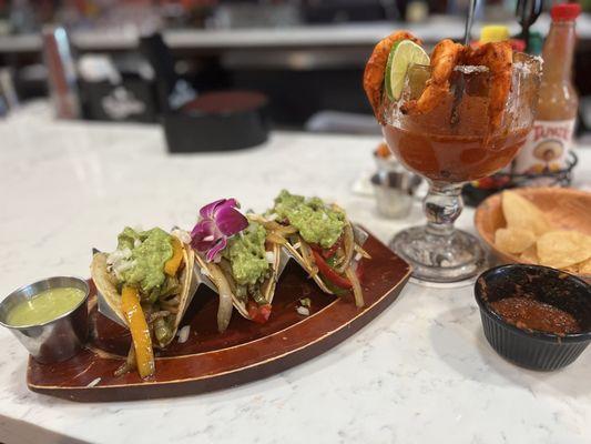 Veggies tacos & shrimp chavela