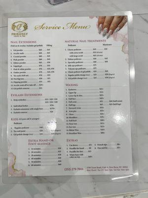 Menu of nail services.