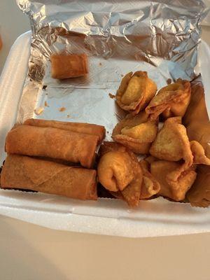 Hamburger egg rolls and crab Rangoon