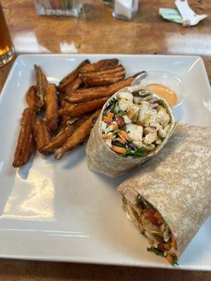 Thai Chicken Wrap on wheat tortilla and side of sweet potato wedge fries. Excellent! Explosion of flavors and textures.