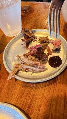 Brisket, ribs and pulled pork platter for my kid. She loved it.
