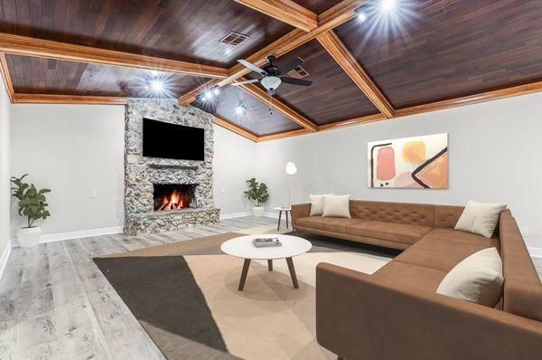 Virtually Staged photo of the cozy living room inside the home of one of my recent listings, featuring a wood-burning fireplace.