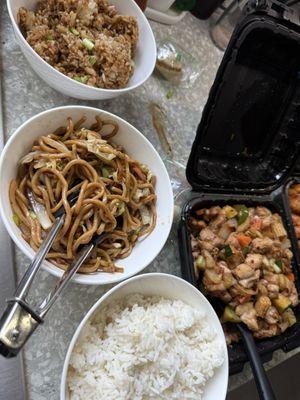 Side with each meal: Fried Rice, Small Noodles and steamed rice.