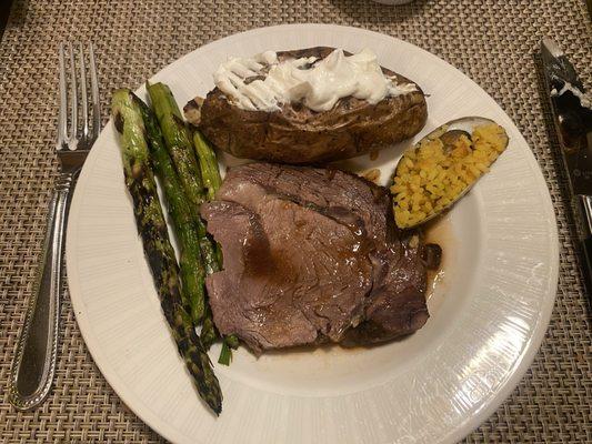 Elephant asparagus cooked in ? 2 hour ago baked potato. Med-well prime rib with canned au jus. Meh.