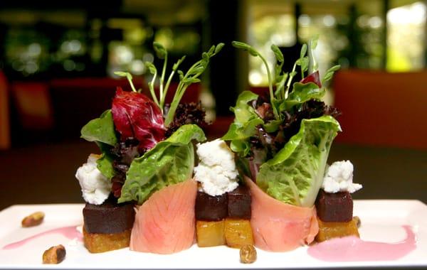 Roasted Beets, Smoked Salmon, Goats Cheese and pistachio