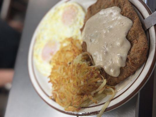Chicken fried steak and eggs