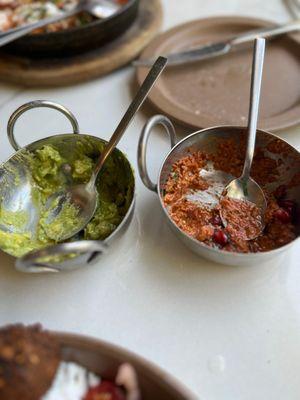 Guacamole (left), Muhammara (right) - served with pita bread (photos taken post consumption)