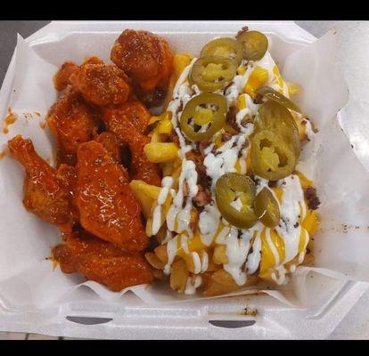 Loaded fries and Hot/lemon pepper wings