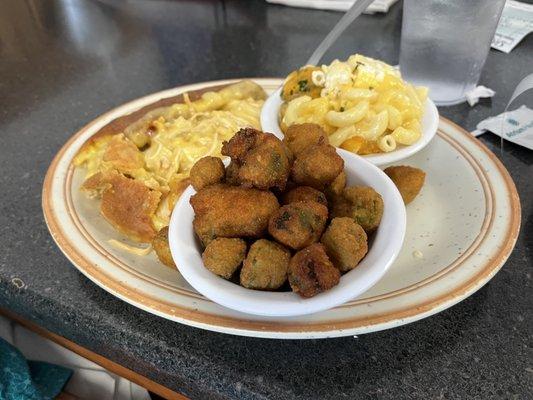Chicken pie, fried okra and Mac and cheese