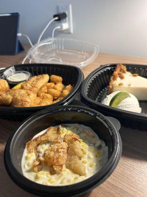 Fish n chips platter, key lime pie and jalapeno corn
