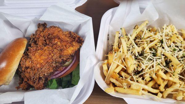 Nashville Hot Chicken Sandwich and Parm Fries