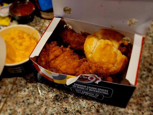 3-piece Krunhy Krispy Chicken Strips, with biscuit and Mac and Cheese.