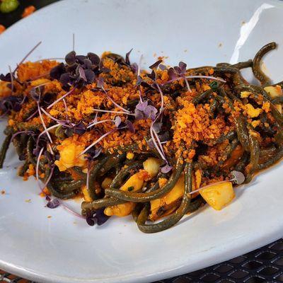 Tonight's special: Seaweed Bucatini with shrimp, scallop, halibut, swordfish, and mussels with tomato sauce