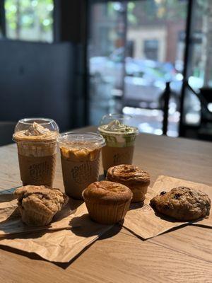 Matcha einspanner, caramel einspanner, honeycomb latte, strawberry muffin, pineapple cream cheese muffin, morning roll, blueberry scone
