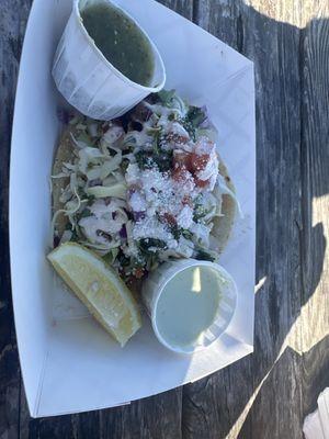 Fish taco. Pablano sauce and mild green sauce