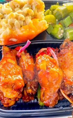 Sweet chili wings Mac and Cheese Okra