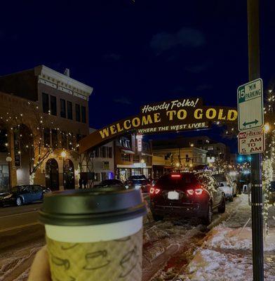 Warm and delicious latte from Higher Ground. Perfect for a stroll around Golden on a winter night