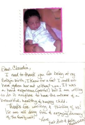 Letter of gratitude. Baby delivered at old Sherman Oaks Birth Center.