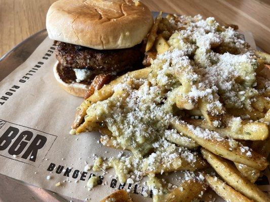 Custom beyond burger with garlic fries (requested heavy garlic and Parmesan)