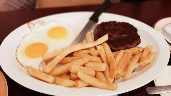 2 eggs with beef patty and fries