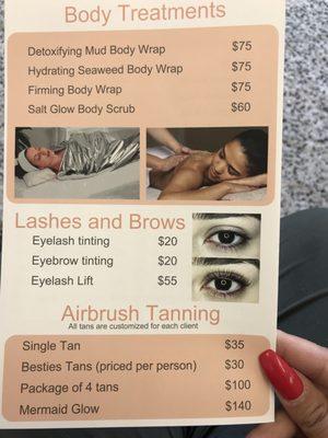 Body treatments, lashes/brows and even airbrush tanning!