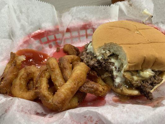 Onion rings & mushroom and Swiss burger