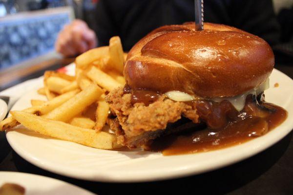 Pork schnitzel with mushroom gravy.