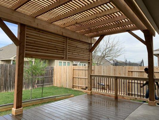 Trex deck , cedar pergola with privacy wing wall