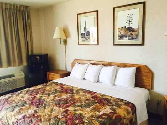 One bedroom, non smoking comes with microwave and fridge If you call ahead! Comfortable pillows, With the best fluff factor!