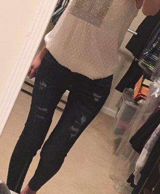 Super comfy, distressed denim with a little rose embroidered below the right back pocket (not sorry no booty photos!) Purchased 7/2/17
