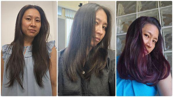 Before. The cut before color and styling. Final result.