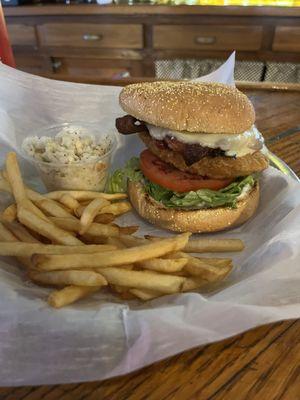 Fried chicken bacon ranch sandwich! Comes with fries and coleslaw. My all time favorite when we get to stop here.