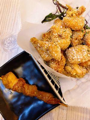Popcorn chicken and lamb skewer