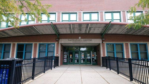 Entrance to Nathaniel Greene Elementary School at 3525 S. Honore St.