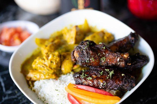 Jerk Chicken and Curry Chicken with Coconut White Rice