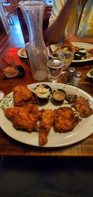 Broasted chicken and potato pancakes