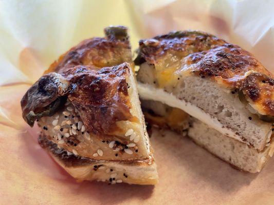 Jalapeño cheddar bagel with cream cheese